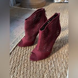 Zara Burgundy Red Perforated Suede Peep-Toe Booties Size 37